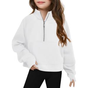 Haloumoning Girls Half Zip Sweatshirt Long Sleeve Pullover Crop Tops Kids Lightweight Fleece Fashion Winter Clothes(White)