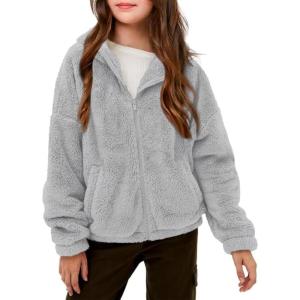 Haloumoning Girls’ Outerwear Jackets Kids Soft Fleece Zip up Hoodie with Pockets 5-14 years(Gray)