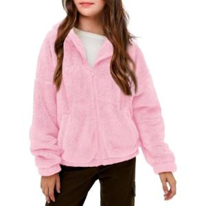Haloumoning Girls’ Outerwear Jackets Kids Soft Fleece Zip up Hoodie with Pockets 5-14 years(Pink)