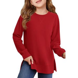 Haloumoning Girls Oversized Crewneck Sweatshirts Kids Long Sleeve Shirts Tops Fall Pullover 5-14 Years(Red)