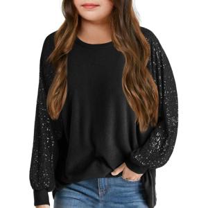 Haloumoning Girls Sequin Sweatshirts Kids Fashion Crewneck Long Batwing Sleeve Pullover Clothes 5-14 Years(Black)