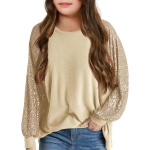 Haloumoning Girls Sequin Sweatshirts Kids Fashion Crewneck Long Batwing Sleeve Pullover Clothes 5-14 Years(Gold)