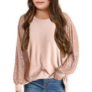 Haloumoning Girls Sequin Sweatshirts Kids Fashion Crewneck Long Batwing Sleeve Pullover Clothes 5-14 Years(Pink)