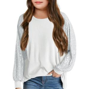 Haloumoning Girls Sequin Sweatshirts Kids Fashion Crewneck Long Batwing Sleeve Pullover Clothes 5-14 Years(White)
