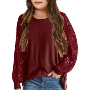Haloumoning Girls Sequin Sweatshirts Kids Fashion Crewneck Long Batwing Sleeve Pullover Clothes 5-14 Years(Wine Red)