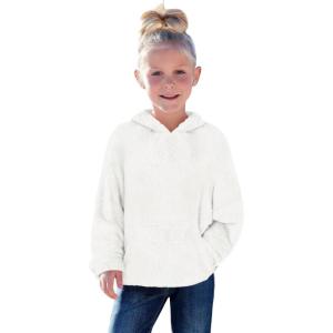 Haloumoning Toddler Girls Fuzzy Fleece Hoodies Baby Kids Warm Pullover Hooded Sweatshirt with Pockets(White)