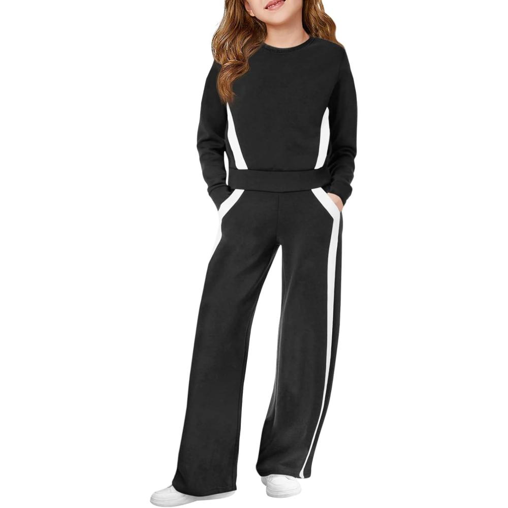 image:imageHaloumoning Girls 2 Piece Fall Outfits Color Block Sweatshirt and Elastic Wide Leg Sweatpants Clothing Sets 514 YearsBlack