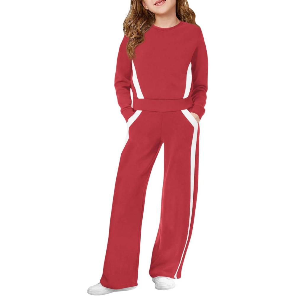 image:imageHaloumoning Girls 2 Piece Fall Outfits Color Block Sweatshirt and Elastic Wide Leg Sweatpants Clothing Sets 514 YearsRed
