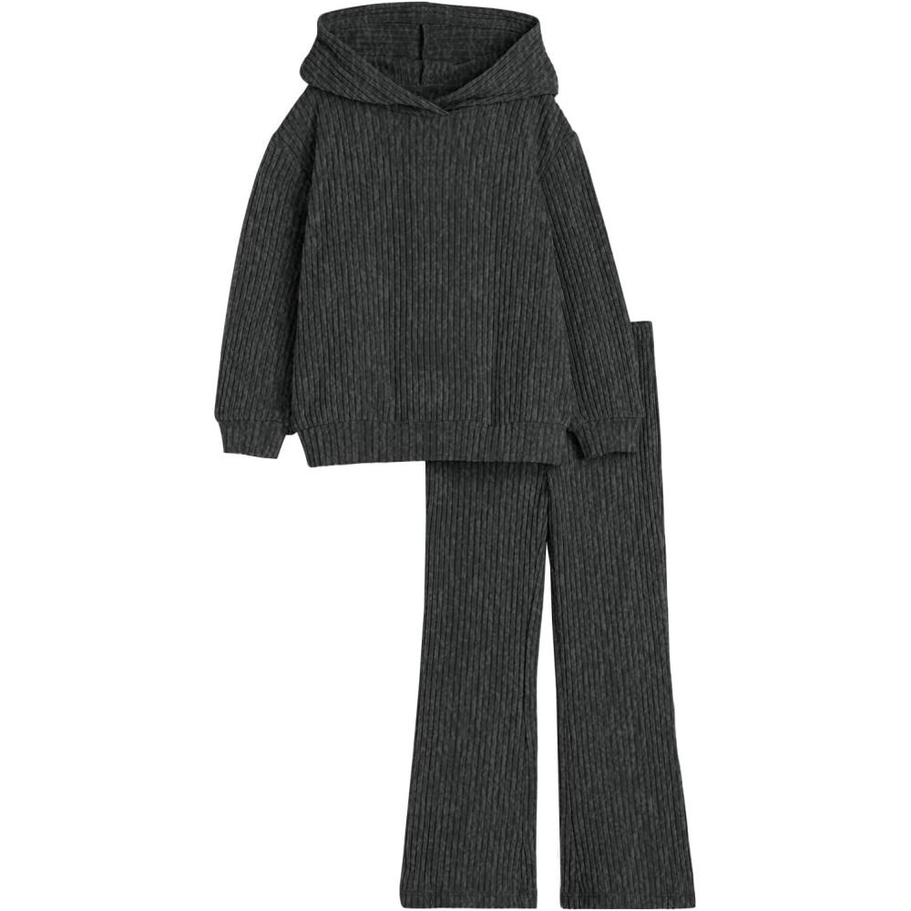 image:imageHaloumoning Girls 2 Pieces Outfits Ribbed Knit Hoodies Flare Pants Sweatshirts and Sweatpants Kids Tracksuits 414 YearsBlack