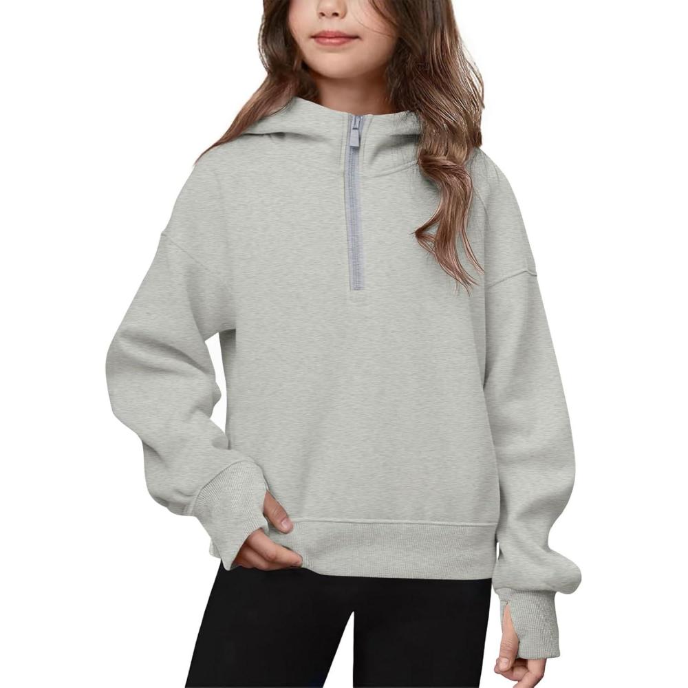 image:imageHaloumoning Girls Athletic Quarter Zip Fleece Hoodies Kids Side Slits Sweatshirts Thumb Hole Pullover Tops 514 YearsGray