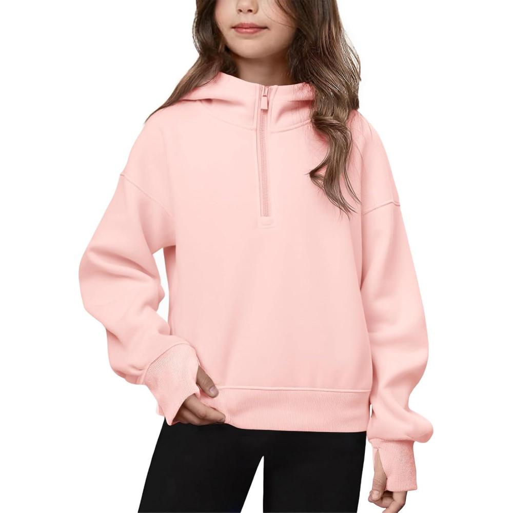 image:imageHaloumoning Girls Athletic Quarter Zip Fleece Hoodies Kids Side Slits Sweatshirts Thumb Hole Pullover Tops 514 YearsPink