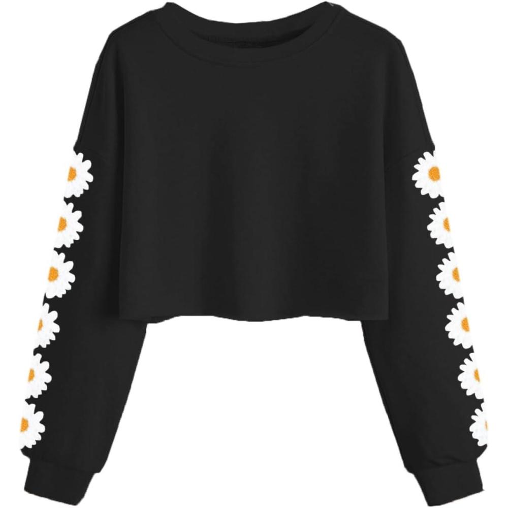 image:imageHaloumoning Girls Cute Daisy Pinted Cropped Sweatshirt Kids Long Sleeve Crop Tops Fall Fashion ShirtsBlack