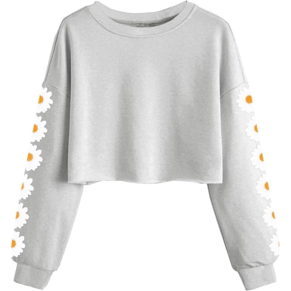 image:imageHaloumoning Girls Cute Daisy Pinted Cropped Sweatshirt Kids Long Sleeve Crop Tops Fall Fashion ShirtsGrey