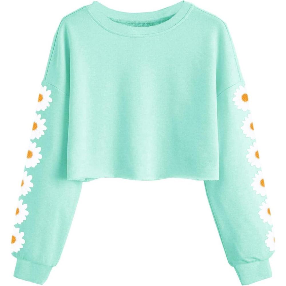 image:imageHaloumoning Girls Cute Daisy Pinted Cropped Sweatshirt Kids Long Sleeve Crop Tops Fall Fashion ShirtsLight Green