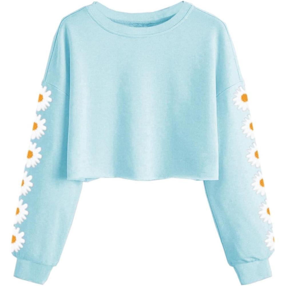 image:imageHaloumoning Girls Cute Daisy Pinted Cropped Sweatshirt Kids Long Sleeve Crop Tops Fall Fashion ShirtsSky Blue