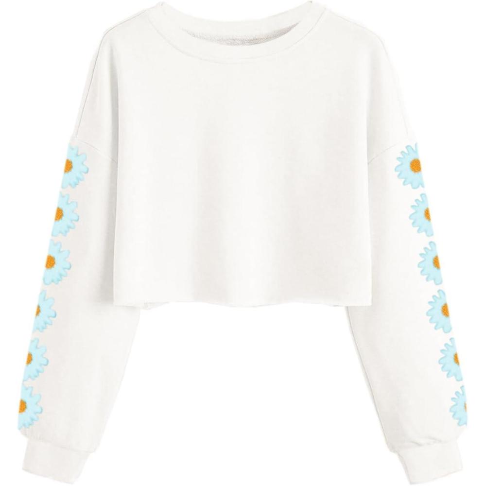 image:imageHaloumoning Girls Cute Daisy Pinted Cropped Sweatshirt Kids Long Sleeve Crop Tops Fall Fashion ShirtsWhite
