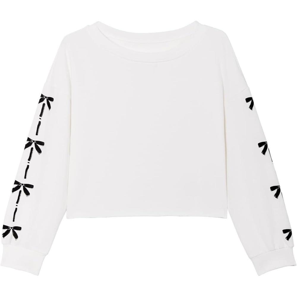 image:imageHaloumoning Girls Cute Daisy Pinted Cropped Sweatshirt Kids Long Sleeve Crop Tops Fall Fashion ShirtsZ2 White