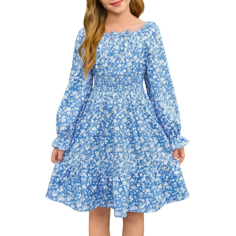 image:imageHaloumoning Girls Fall Long Sleeve Floral Dresses Kids Square Neck Smocked Holiday Party Dress 514 YearsBlue