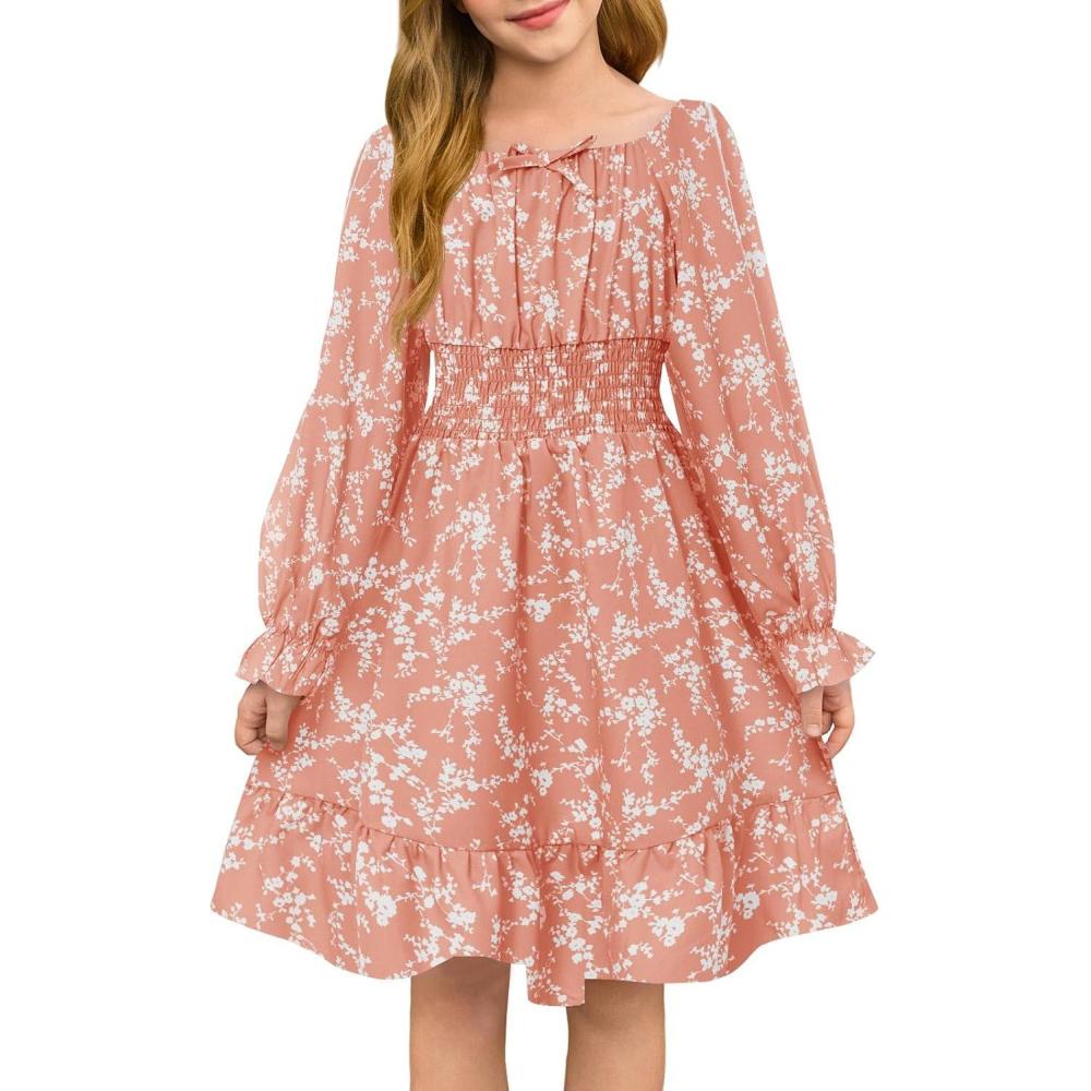 image:imageHaloumoning Girls Fall Long Sleeve Floral Dresses Kids Square Neck Smocked Holiday Party Dress 514 YearsCoral Red