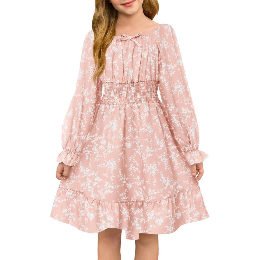 image:imageHaloumoning Girls Fall Long Sleeve Floral Dresses Kids Square Neck Smocked Holiday Party Dress 514 YearsLight Pink