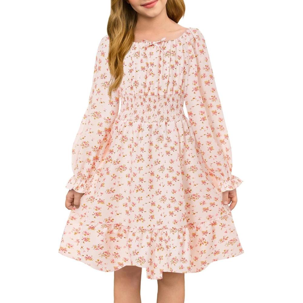 image:imageHaloumoning Girls Fall Long Sleeve Floral Dresses Kids Square Neck Smocked Holiday Party Dress 514 YearsPink