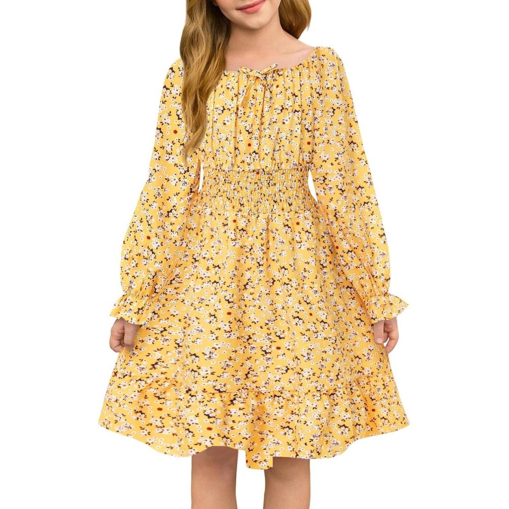 image:imageHaloumoning Girls Fall Long Sleeve Floral Dresses Kids Square Neck Smocked Holiday Party Dress 514 YearsYellow