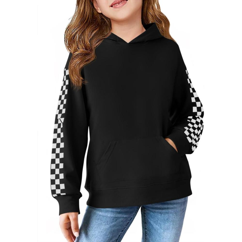 image:imageHaloumoning Girls Hoodies Kids Boys Fashion Plaid Long Sleeve Hooded Sweatshirt with Kangaroo Pocket 514 YearsBlack