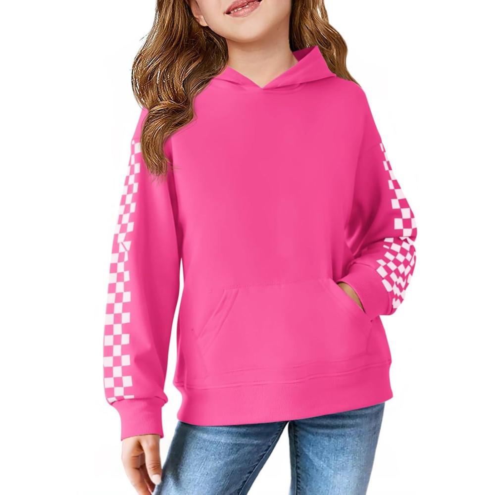 image:imageHaloumoning Girls Hoodies Kids Boys Fashion Plaid Long Sleeve Hooded Sweatshirt with Kangaroo Pocket 514 YearsHot Pink