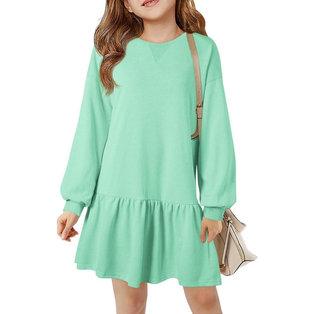 image:imageHaloumoning Girls Long Sleeve Dresses Sweatshirt Dress Kids Casual Crewneck Rib Knit Mini Dress 514 YearsMint Green