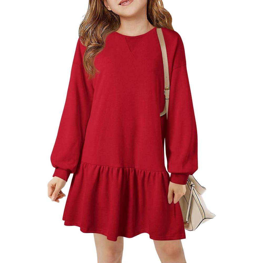 image:imageHaloumoning Girls Long Sleeve Dresses Sweatshirt Dress Kids Casual Crewneck Rib Knit Mini Dress 514 YearsRed