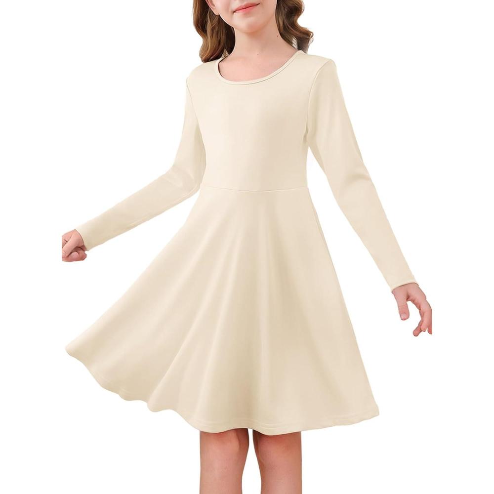 image:imageHaloumoning Girls Long Sleeve Skater Dress Kids Casual Crewneck ALine Flowy Fall Dresses 514 YearsBeige
