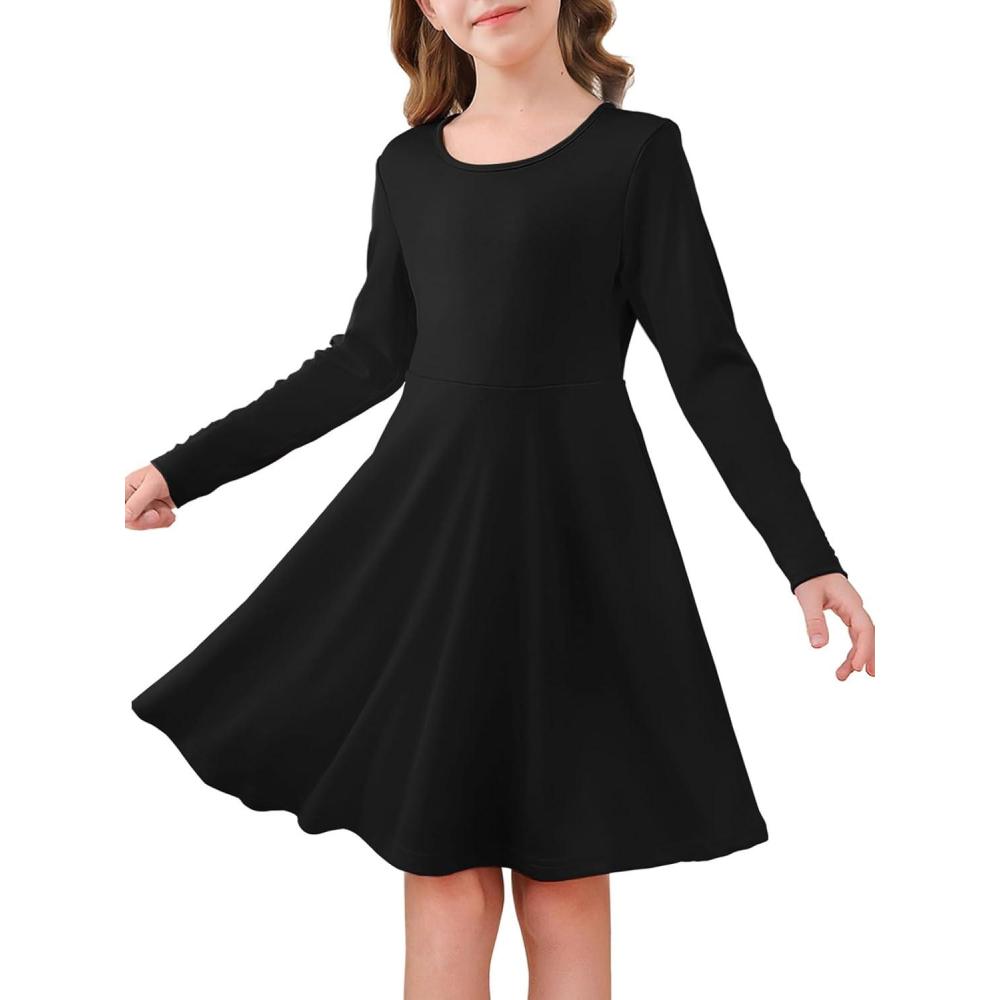 image:imageHaloumoning Girls Long Sleeve Skater Dress Kids Casual Crewneck ALine Flowy Fall Dresses 514 YearsBlack