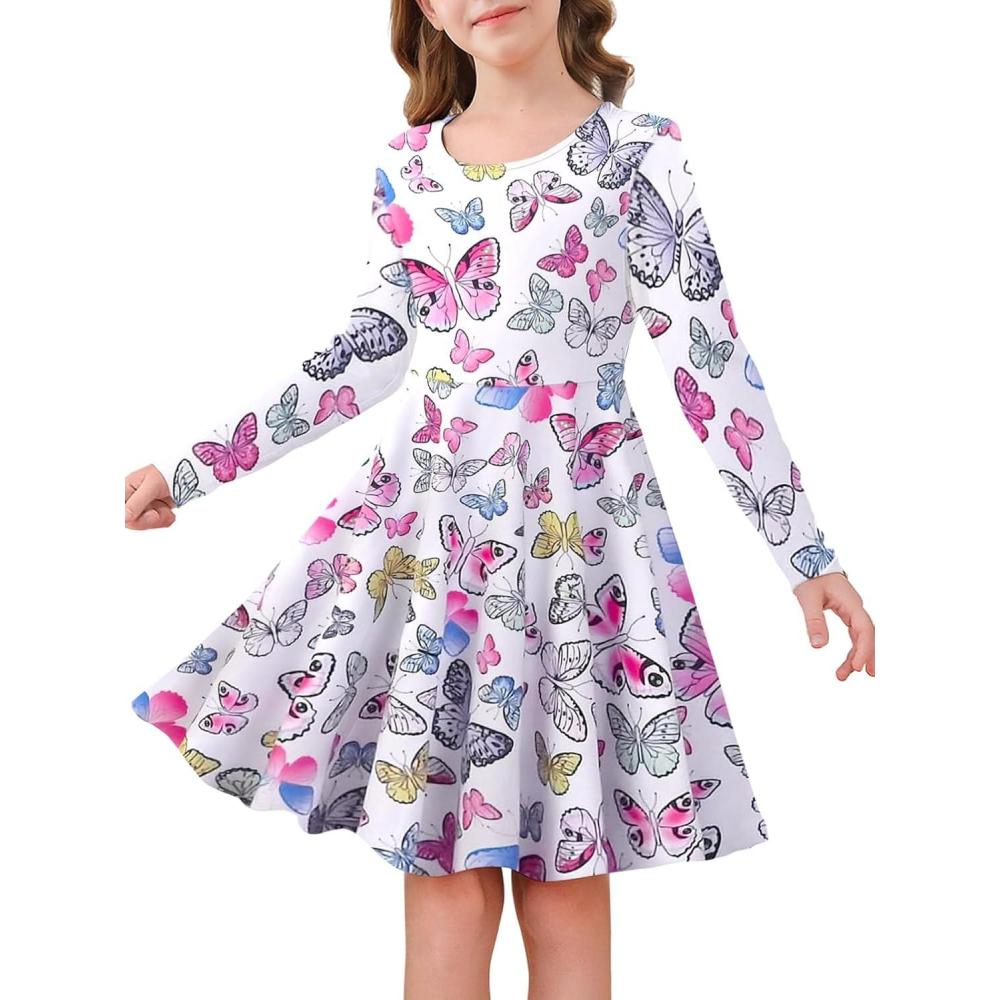 image:imageHaloumoning Girls Long Sleeve Skater Dress Kids Casual Crewneck ALine Flowy Fall Dresses 514 YearsButterflywhite Pink