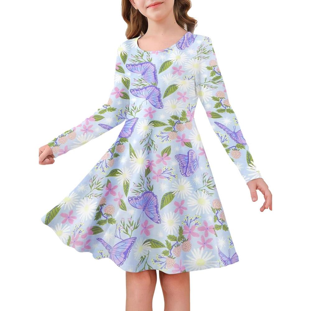 image:imageHaloumoning Girls Long Sleeve Skater Dress Kids Casual Crewneck ALine Flowy Fall Dresses 514 YearsFloralblue Purple