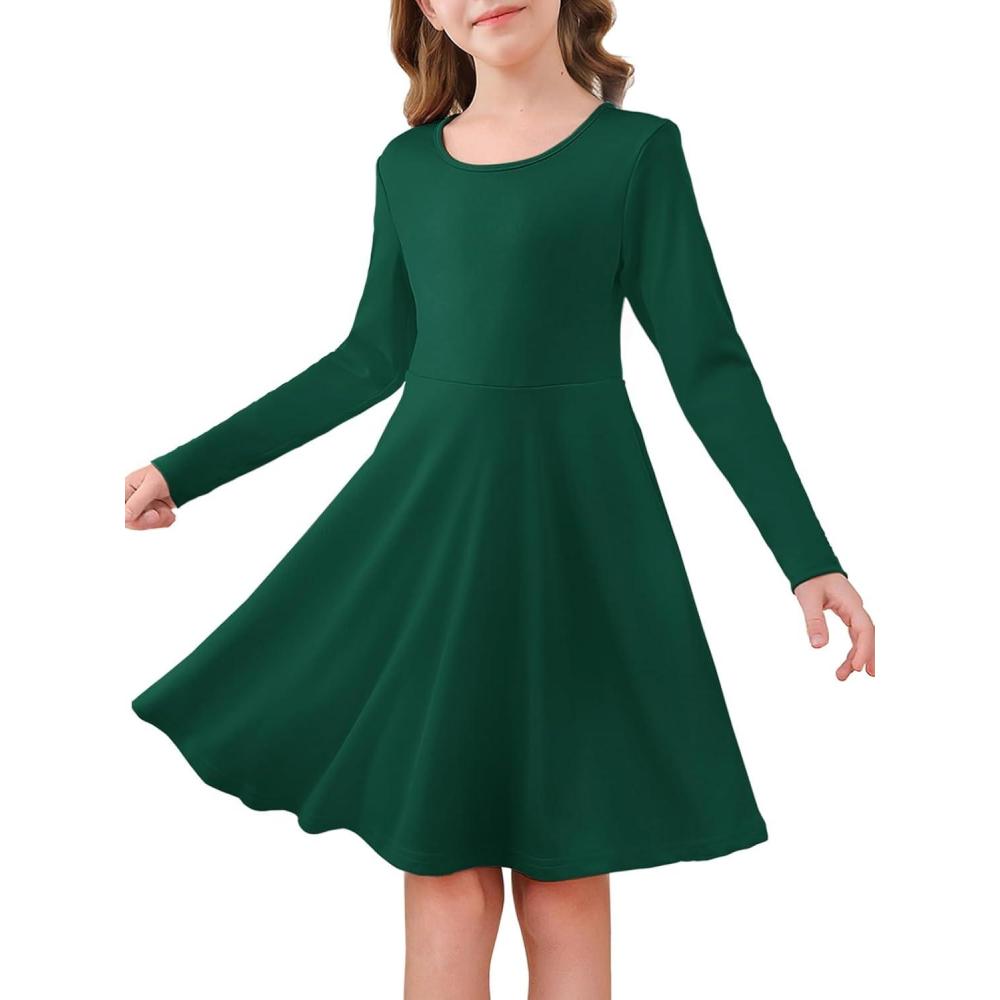 image:imageHaloumoning Girls Long Sleeve Skater Dress Kids Casual Crewneck ALine Flowy Fall Dresses 514 YearsGreen