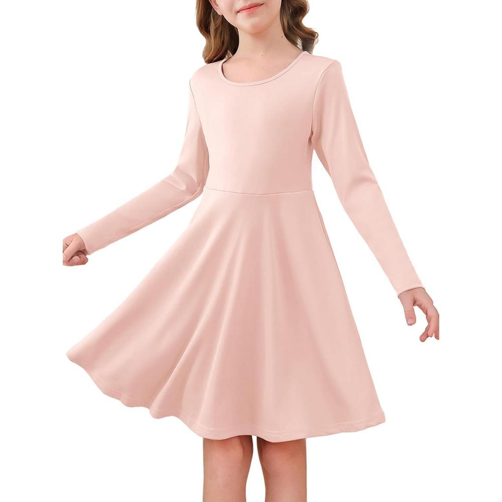 image:imageHaloumoning Girls Long Sleeve Skater Dress Kids Casual Crewneck ALine Flowy Fall Dresses 514 YearsLight Pink
