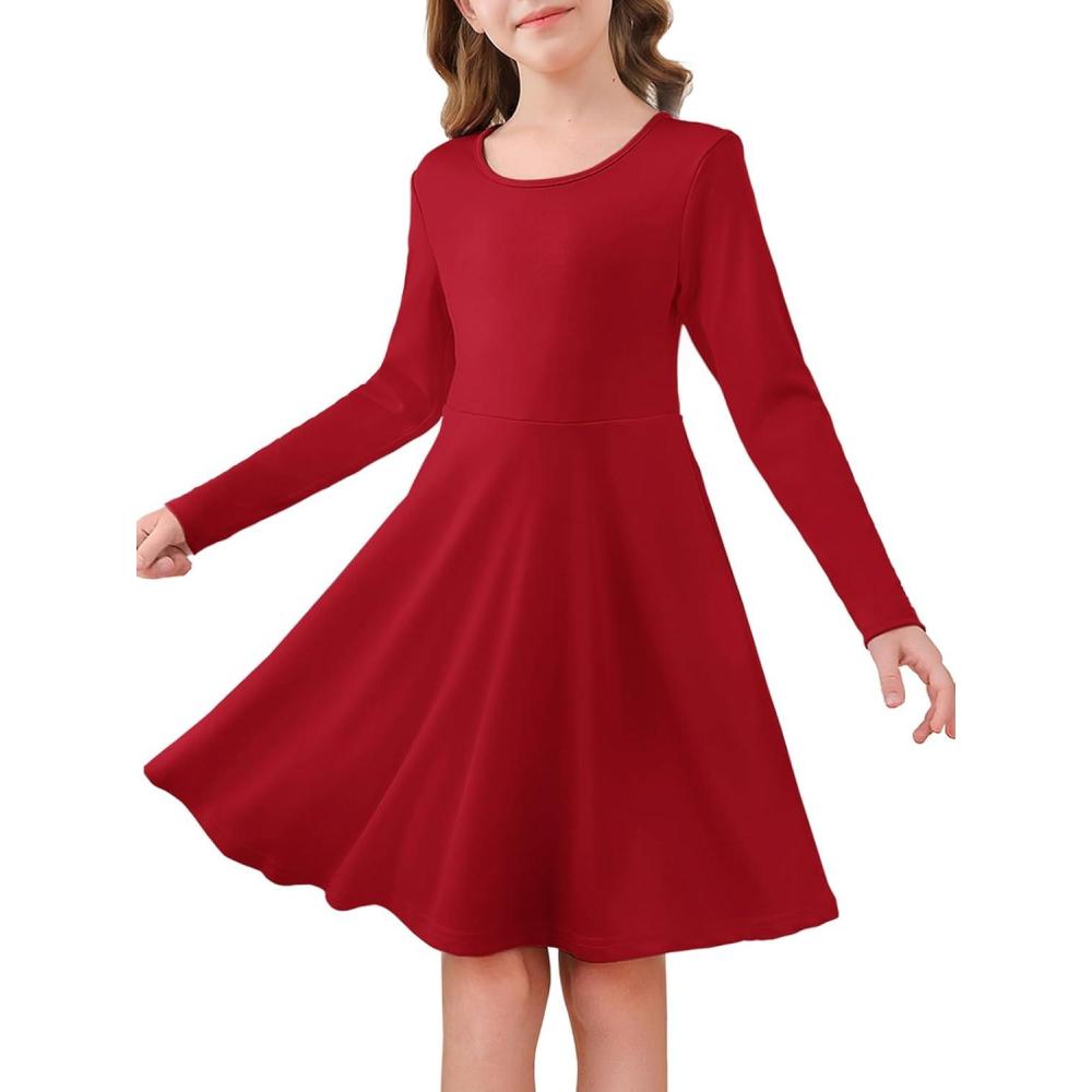 image:imageHaloumoning Girls Long Sleeve Skater Dress Kids Casual Crewneck ALine Flowy Fall Dresses 514 YearsRed