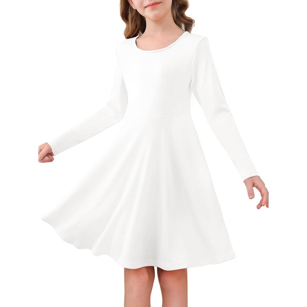 image:imageHaloumoning Girls Long Sleeve Skater Dress Kids Casual Crewneck ALine Flowy Fall Dresses 514 YearsWhite