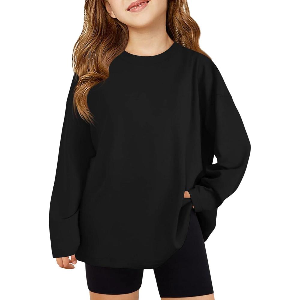 image:imageHaloumoning Girls Long Sleeve TShirts Kids Fall Oversized Tops Casual Crewneck Tees 514 YearsBlack
