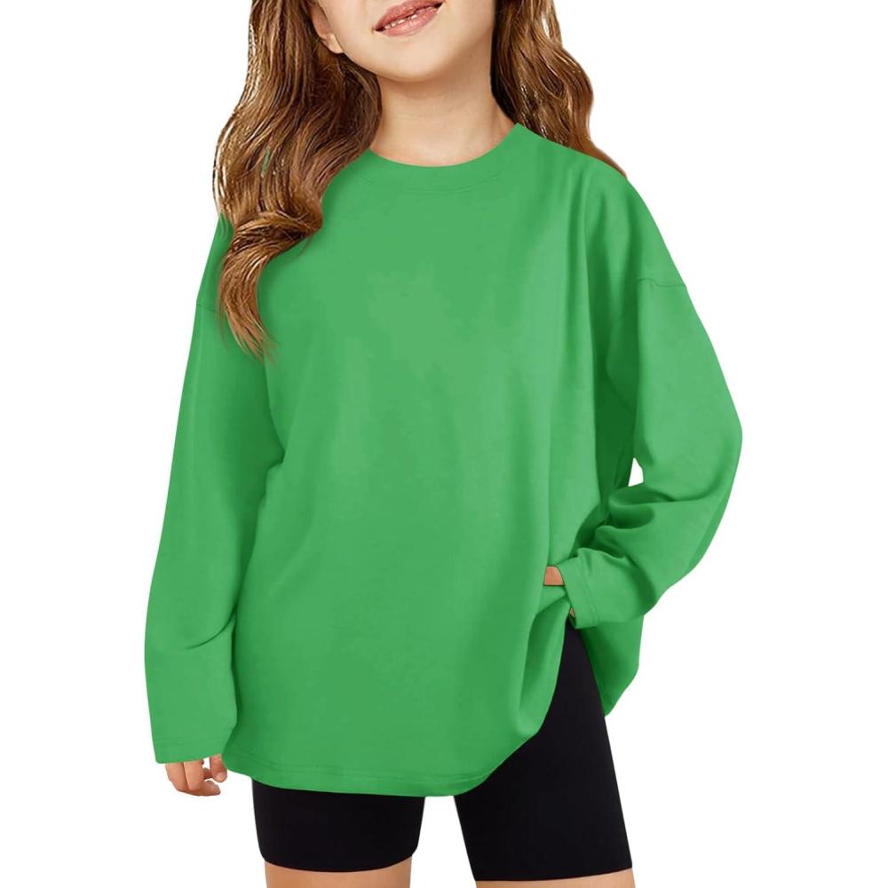 image:imageHaloumoning Girls Long Sleeve TShirts Kids Fall Oversized Tops Casual Crewneck Tees 514 YearsGreen