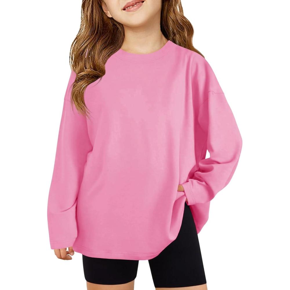 image:imageHaloumoning Girls Long Sleeve TShirts Kids Fall Oversized Tops Casual Crewneck Tees 514 YearsHot Pink
