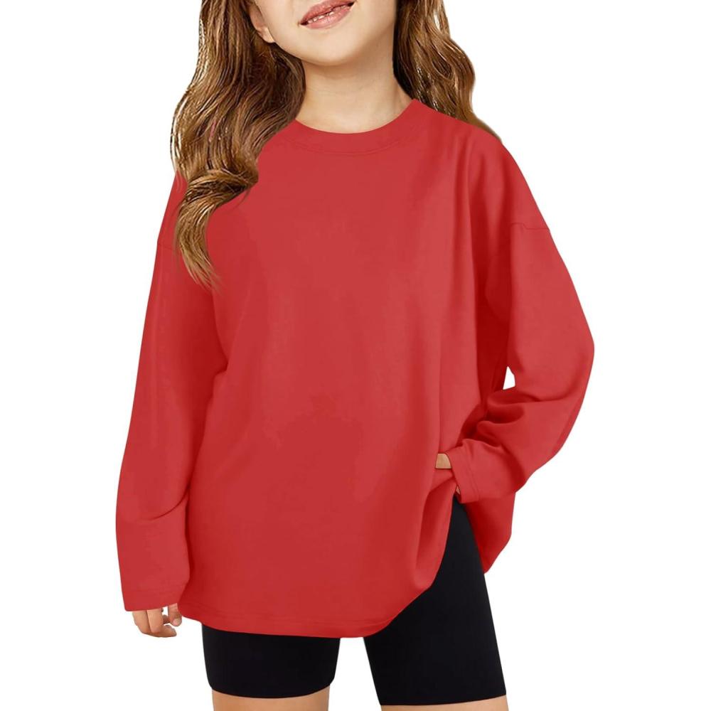 image:imageHaloumoning Girls Long Sleeve TShirts Kids Fall Oversized Tops Casual Crewneck Tees 514 YearsRed