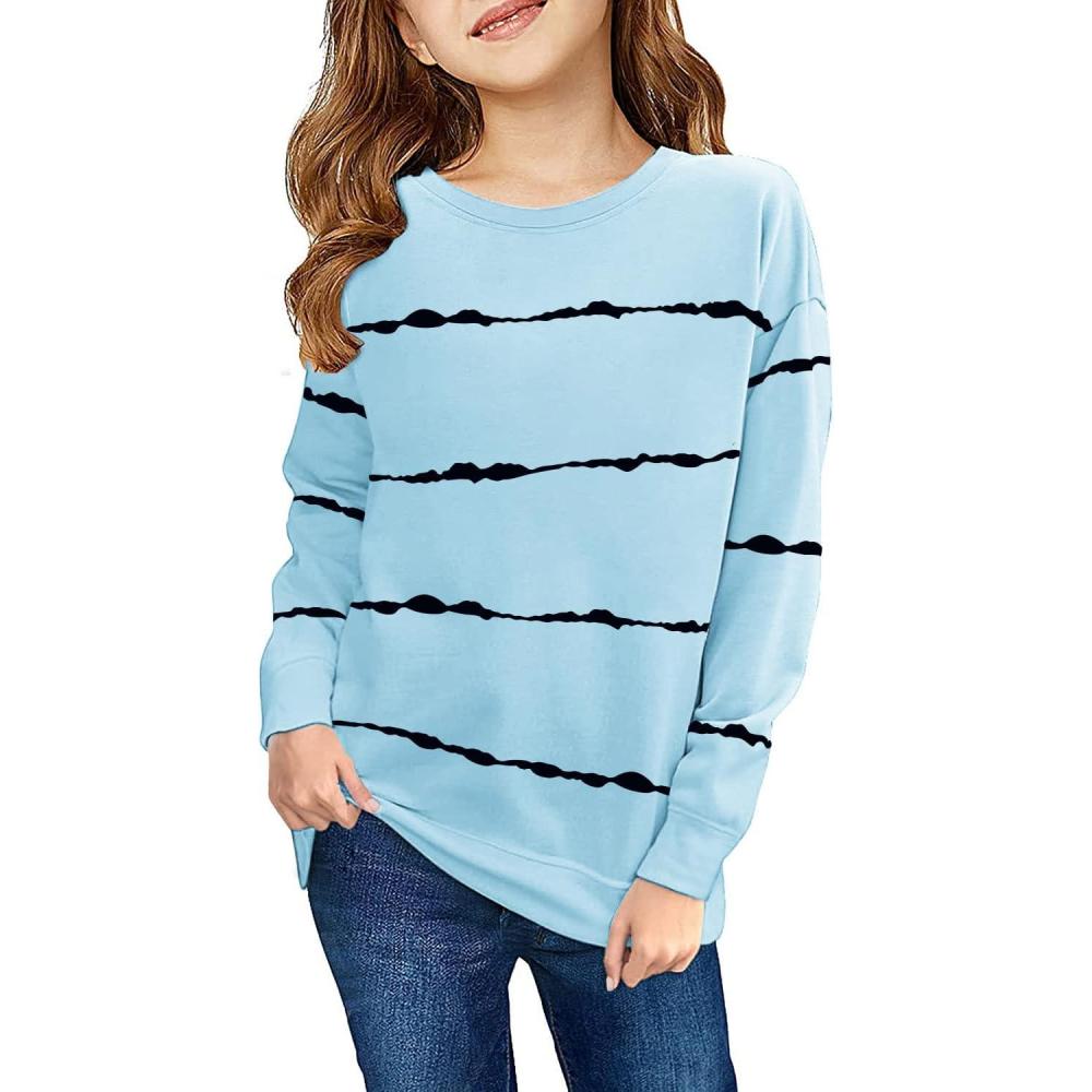 image:imageHaloumoning Girls Striped Color Block Sweatshirts Kids Tie Dye Crewneck Long Sleeve Pullover Tops 415 YearsAsky Blue