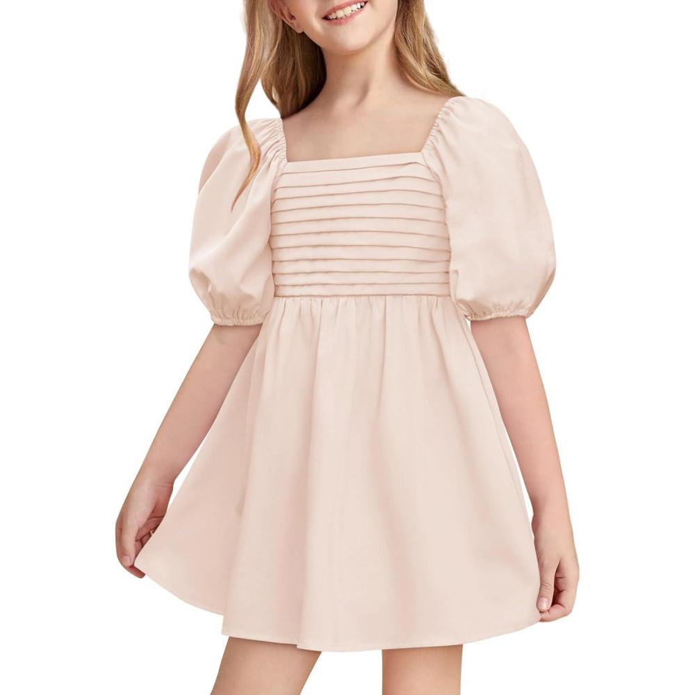 image:imageHaloumoning Girls Summer Dress Kids Square Neck Puff Sleeve ALine Smocked Mini Dresses 514 YearsApricot