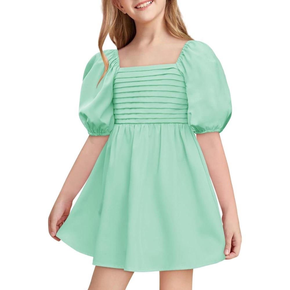 image:imageHaloumoning Girls Summer Dress Kids Square Neck Puff Sleeve ALine Smocked Mini Dresses 514 YearsMint Green