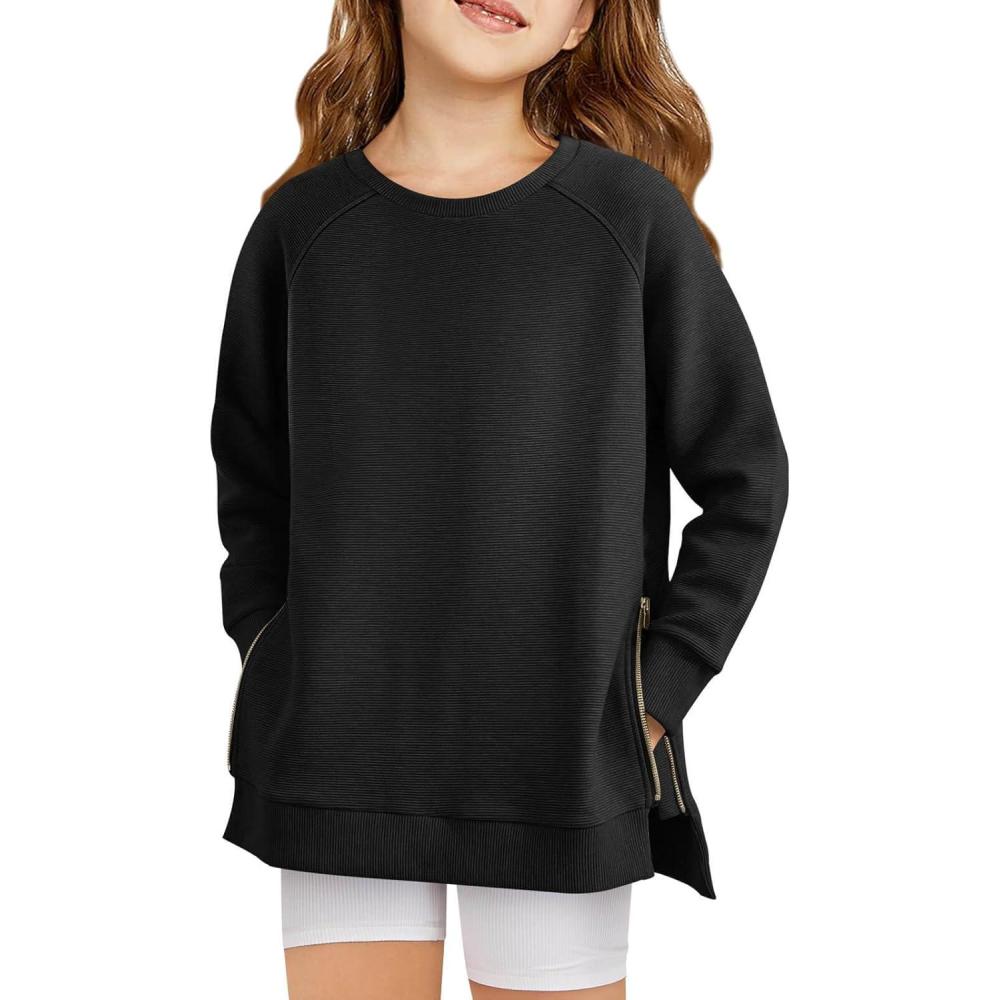 image:imageHaloumoning Girls Sweatshirts Casual Long Sleeve Crew Neck Pullover Tops with Side Zipper Fall Clothes 514YBlack