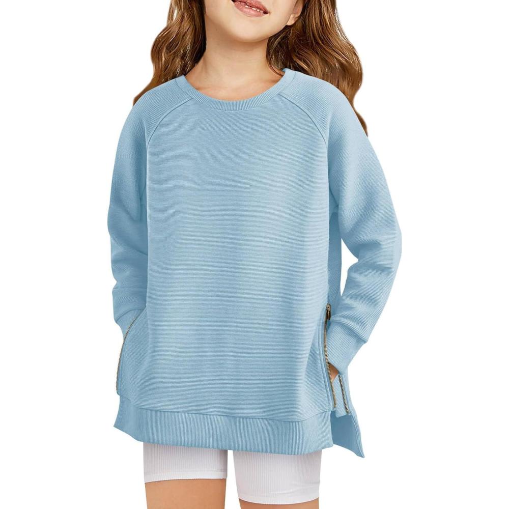 image:imageHaloumoning Girls Sweatshirts Casual Long Sleeve Crew Neck Pullover Tops with Side Zipper Fall Clothes 514YBlue
