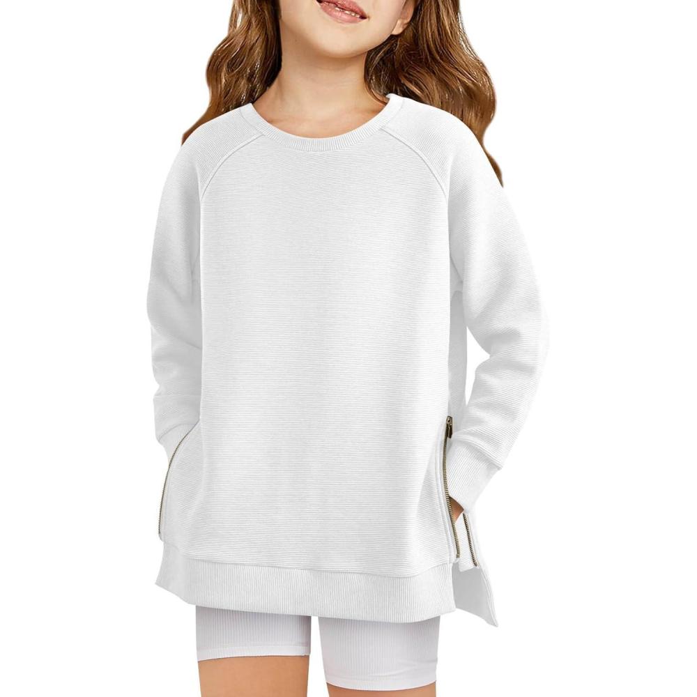 image:imageHaloumoning Girls Sweatshirts Casual Long Sleeve Crew Neck Pullover Tops with Side Zipper Fall Clothes 514YWhite