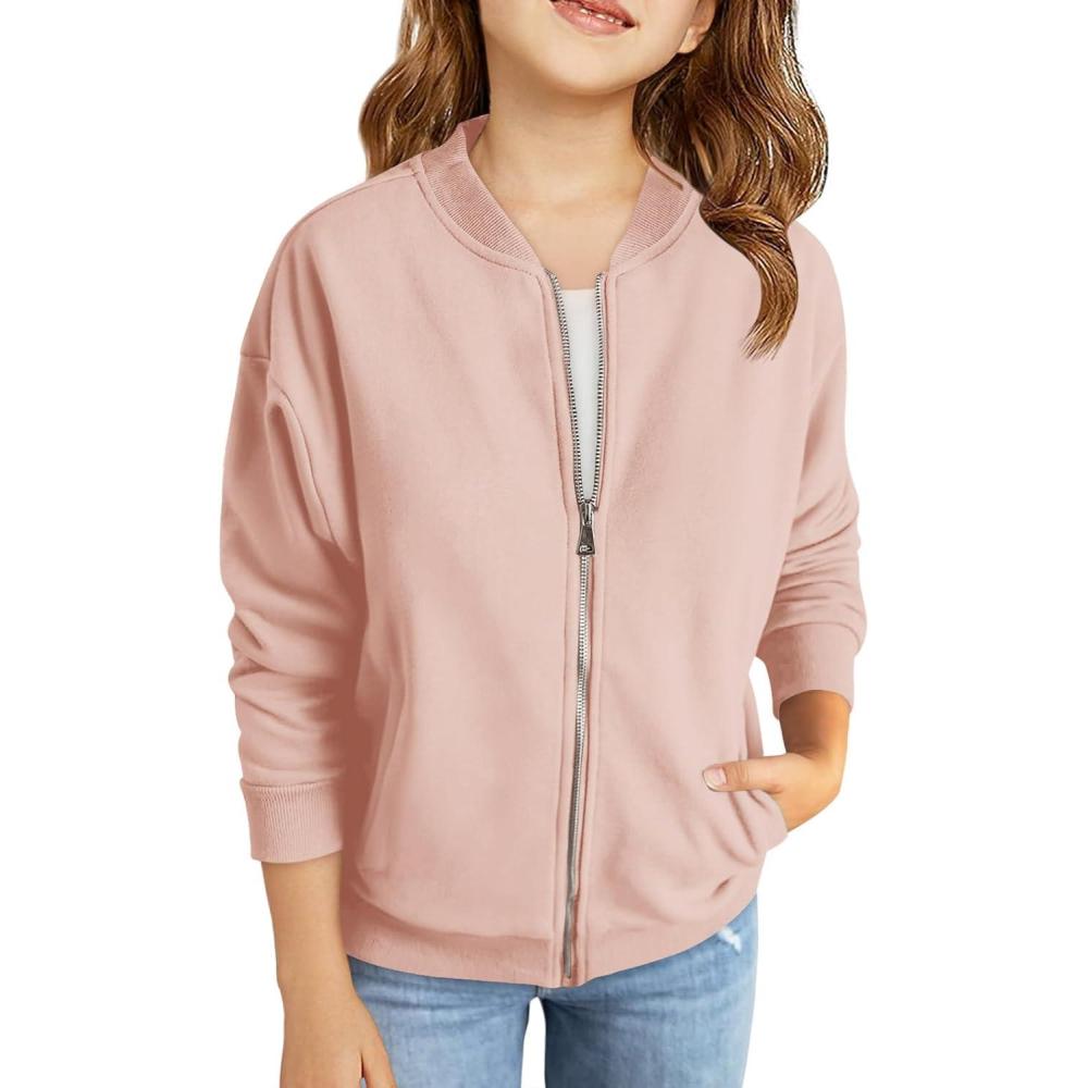 image:imageHaloumoning Girls Zip Up Jackets Kids Fall Long Sleeve Sweatshirts Outerwear with Pockets 514 yearsPink