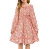 Haloumoning Girls Fall Long Sleeve Floral Dresses Kids Square Neck Smocked Holiday Party Dress 5-14 Years(Coral Red)